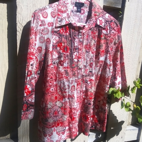 Erika Red Button Down Blouse 3/4 Sleeves - Picture 1 of 7